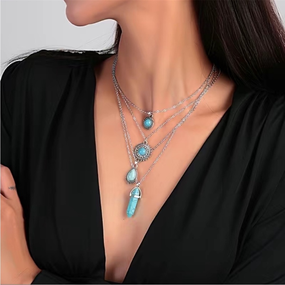 Silver and Turquoise Layered Necklace Set
